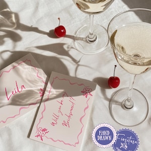 Handgezeichnete Brautjungfer Trauzeugin Vorschlag Kartenvorlage | Spaß wunderliche gewellte Kritzel Borte mit Blumen, bearbeitet in Canva, Minimalist XTRA