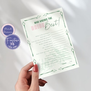 Op de afbeelding: Een printbaar bruiloftsspel met de titel "Wie kent de bruid het beste!" Het spel bevat een lijst met vragen over de bruid, zoals haar verjaardag, leeftijd en favoriete kleur. Het spel is bedoeld om door gasten op een bruiloftsspel te worden gespeeld.