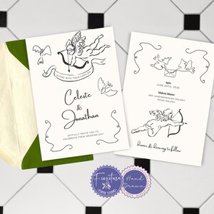 Könnte beinhalten: Eine schwarz-weiße Hochzeitseinladung mit einer handgezeichneten Illustration eines Amor mit einem Pfeil. Der Einladungstext lautet "Celeste & Jonathan laden Sie herzlich ein, ihre Hochzeit zu feiern" und enthält Datum, Uhrzeit und Ort der Hochzeit. Die Einladung ist mit einem handgezeichneten Rahmen verziert.