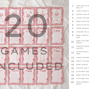 She’s Ready to Pop Baby Shower games suite – 50s Soda Pop-Inspired Canva games Templates. 20 games included. These games are a charming and playful way to entertain guests at a bubbly baby bash. Designed in a retro 1950s soda pop shop style, they feature whimsical hand-drawn details of a bottle of Cola, glass of pop & a dirty soda, with a wavy pink & red border tied with bows on a red & white chequered background. Retro vintage style whimsical fonts are also used. Gender-neutral baby shower