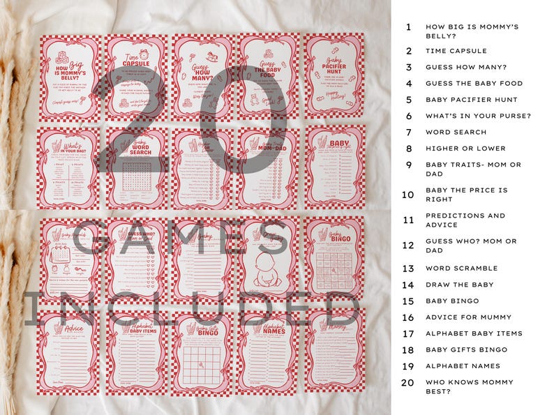 She’s Ready to Pop Baby Shower games suite – 50s Soda Pop-Inspired Canva games Templates. 20 games included. These games are a charming and playful way to entertain guests at a bubbly baby bash. Designed in a retro 1950s soda pop shop style, they feature whimsical hand-drawn details of a bottle of Cola, glass of pop & a dirty soda, with a wavy pink & red border tied with bows on a red & white chequered background. Retro vintage style whimsical fonts are also used. Gender-neutral baby shower