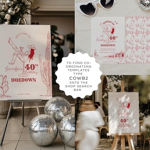 Saddle up with a Wild Western Hoedown Themed 30th Birthday Party Invitation. Features Red hand-drawn images of a cowgirl sitting in a cocktail glass with boots & hat, holding a cocktail with one boot in the air on a cream background. The edges of the invitation have a wavy rope border with hands holding cocktails and a horseshoe. Optional back design included with a repeating pattern of cowboy boots, horseshoes & cactus. Perfect for a cocktail party, Barn or Line dance or informal gathering
