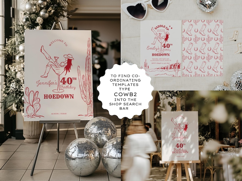 Saddle up with a Wild Western Hoedown Themed 30th Birthday Party Invitation. Features Red hand-drawn images of a cowgirl sitting in a cocktail glass with boots & hat, holding a cocktail with one boot in the air on a cream background. The edges of the invitation have a wavy rope border with hands holding cocktails and a horseshoe. Optional back design included with a repeating pattern of cowboy boots, horseshoes & cactus. Perfect for a cocktail party, Barn or Line dance or informal gathering