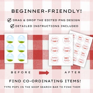 She’s Ready to Pop Baby Shower Soda Bar Style round Canva sticker template – 50s Soda Pop-Inspired. This Baby Shower sticker Template is easy to edit and print at home. It features red retro style fonts with a hand-drawn 1950s style soda bottle illustration on a white background- perfectly matching with the rest of this suite. Use for Invitation envelopes, on party paper cups, as labels for party favors and many other uses. Drag & drop templates included to easily print at home