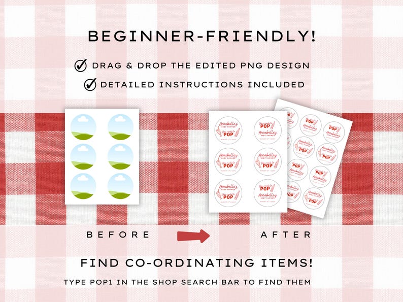 She’s Ready to Pop Baby Shower Soda Bar Style round Canva sticker template – 50s Soda Pop-Inspired. This Baby Shower sticker Template is easy to edit and print at home. It features red retro style fonts with a hand-drawn 1950s style soda bottle illustration on a white background- perfectly matching with the rest of this suite. Use for Invitation envelopes, on party paper cups, as labels for party favors and many other uses. Drag & drop templates included to easily print at home
