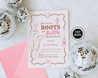 Boots and Bubbly Bridal Shower Party Invitation Template | Fun Hand-Drawn Editable Canva Invite | Desert Western Cowgirl | Last Rodeo | BO1