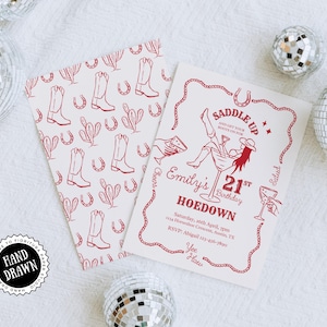 May include: A red and white printable invitation for a 21st birthday party with a western theme. The invitation features a woman riding a horse with the text "Saddle Up" and "Emily's 21st Birthday Hoedown".