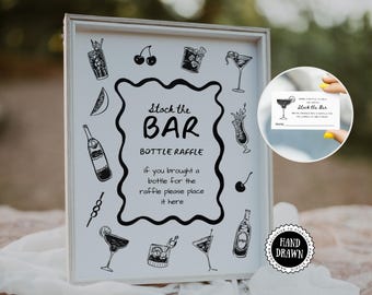 Stock the Bar Couples Bridal Shower Raffle Sign & Ticket Template | Whimsical Hand-Drawn Scribble | Modern Minimalist Engagement Party, STO1