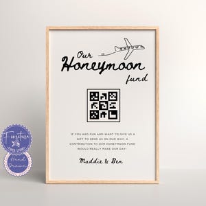 Panneau de mariage QR Code fonds lune de miel, modèle de toile modifiable, avion fantaisiste dessiné à la main amusant noir blanc & illustration de griffonnage coeur, XTRA