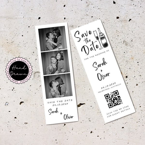 Wedding Photo Strip Save the Date Canva Template Invitation Double-sided | Whimsical Hand Drawn Black & White Champagne illustration | WHIM1