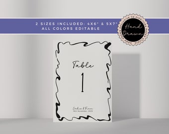 Wedding Reception Table Number Template | Hand-drawn wavy border | Canva DIY Download | Quirky fun ceremony | Minimalist black & white | C1