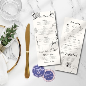 Fun Fact Hochzeit Infografik Karte Abendmenü, doppelseitig schwarz weiß, handgezeichnete schrullig wunderliche bearbeitbare Canva Vorlage & QR Code, CAS1