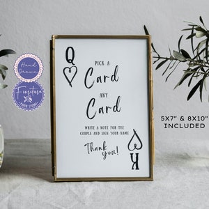 Letrero para libro de visitas de boda con naipes, plantilla personalizada y editable de Canva, ilustraciones divertidas y extravagantes dibujadas a mano en blanco y negro, LUC1