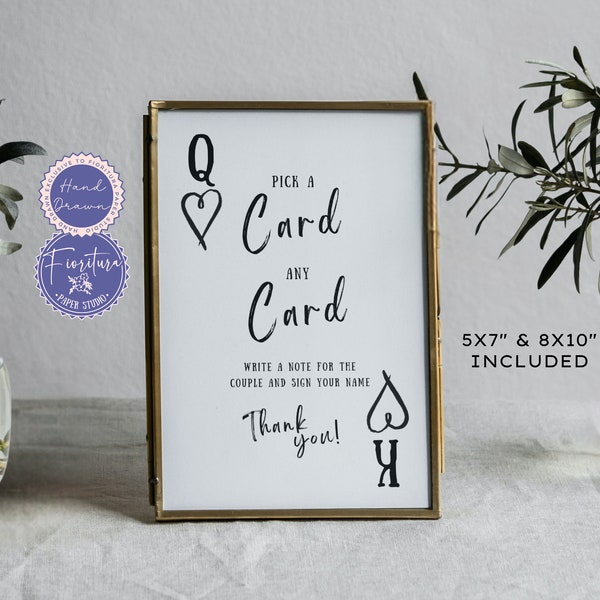 Playing Cards Wedding Guest Book Sign, Personalized Editable Custom Canva Template, Black White Whimsical Fun Hand-Drawn illustrations, LUC1