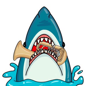 Peut inclure: Une illustration de dessin animé d'un requin bleu avec une gueule ouverte mordant une tuba dorée. Le texte "You're gonna need a bigger TUBA" est sous le requin, avec le site Web "www.mountainpeakmusic.com" en dessous.
