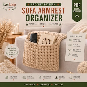 Padrão de Crochê para Organizador de Braço de Sofá em PDF, Porta-Controle Remoto, Organizador de Bolso, Download Instantâneo, Faça Você Mesmo Fácil