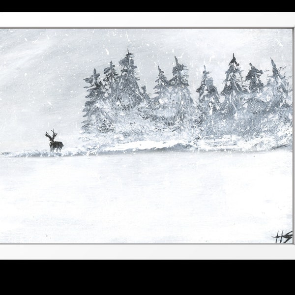 Original Winter Deer Landscape Acrylic Painting By Canadian Artist Hailey Stirling