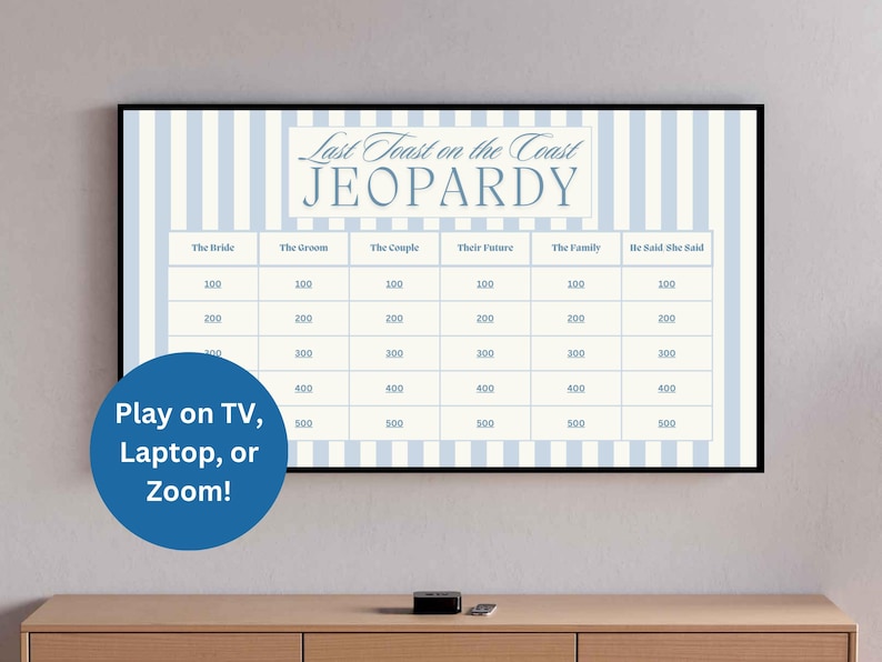 May include: A printable game board for a wedding shower or bridal party. The game is called "Last Toast on the Coast Jeopardy" and has categories for the bride, groom, couple, their future, the family, and he said she said. The board is displayed on a TV screen.