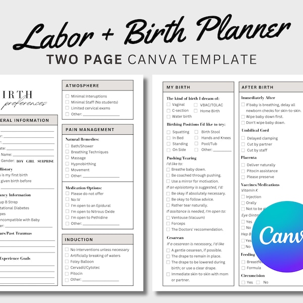 Editable Birth Plan, Birth Plan Template, Birth Preferences, Printable Birth Plan, Visual Birth Plan, Labor and Delivery Planner