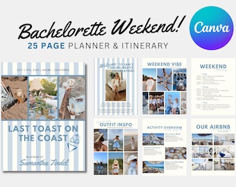 25+ Pages Digital Bachelorette Itinerary Template | Coastal Last Toast on the Coast | Editable Canva Template, Weekend Planner, Packing List