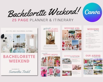 25+ Pages Digital Bachelorette Itinerary Template | Editable Canva Template | Weekend Itinerary, Outfit Planner, Packing Lists + More