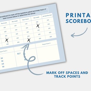 May include: A printable blue and white scoreboard with a grid of boxes for marking off points. The scoreboard is labeled with the names of teams: The Bride, The Groom, The Couple, Their Visitors, The Family, and He Said She Said. The scoreboard also includes a section for players or teams with the names Clare and Ally.