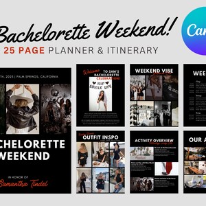 25+ Pages Digital Bachelorette Itinerary Template | Editable Canva Template | Weekend Itinerary, Outfit Planner, Packing Lists + More