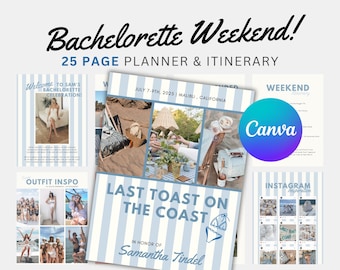 25+ Pages Digital Bachelorette Itinerary Template | Coastal Last Toast on the Coast | Editable Canva Template, Weekend Planner, Packing List