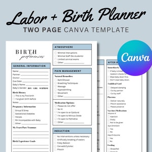 Printable Birthing Plan, Visual Birth Planner, Natural Birth Plan, Birth Plan Template, Labor and Delivery Planner, Canva Birth Plan