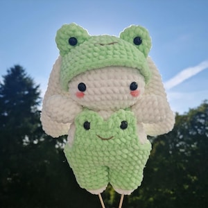 Adorable Crochet Bunny in Frog Costume, Handmade Amigurumi Plush