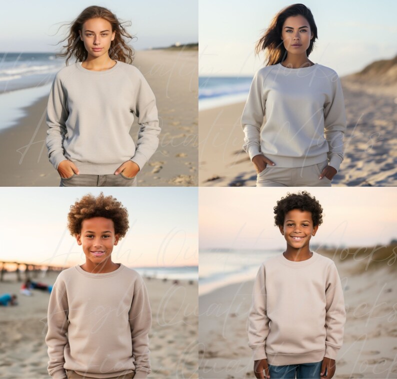 May include: Four people wearing beige crewneck sweatshirts, standing on a beach. The people are smiling and looking at the camera.