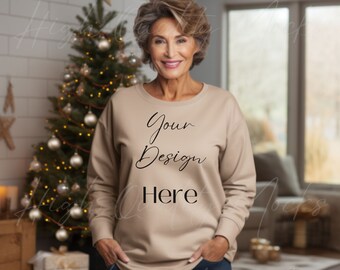 Grandma Christmas Shirt Mockup, Sweatshirt Mockup, Senior Woman Mockup, Grandmother Mockup, Grandma Shirt Mockup, Grandma, Gildan Sand