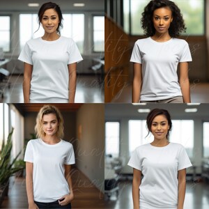 May include: Four women wearing white t-shirts, standing in different indoor settings. Each woman is looking directly at the camera.