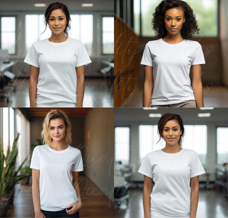 May include: Four women wearing white t-shirts, standing in different indoor settings. Each woman is looking directly at the camera.