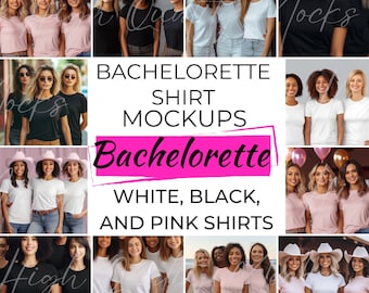Bride and Bridesmaid Mockup, Bachelorette Mockup Bundle with White, Black, and Pink Shirts, Group shirt Mockup, Bridesmaids Shirt Mockup