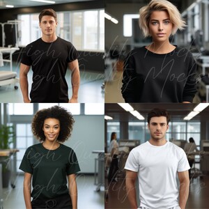 May include: Four people wearing plain t-shirts in different colors. The shirts are black, white, dark green, and black. The people are standing in front of a blurred background.