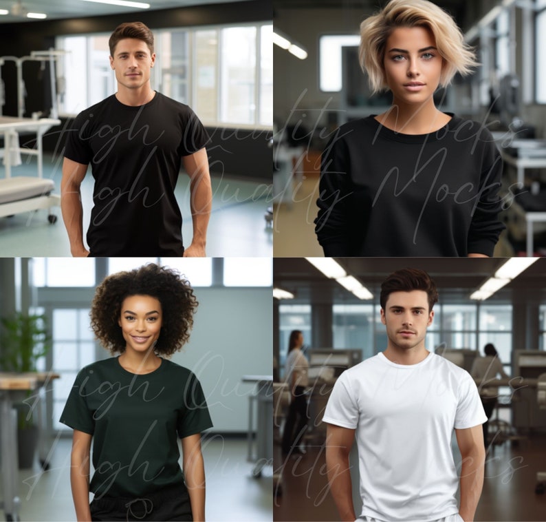 May include: Four people wearing plain t-shirts in different colors. The shirts are black, white, dark green, and black. The people are standing in front of a blurred background.