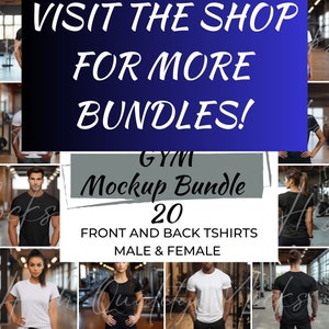 May include: A mockup bundle of 20 gym t-shirt designs. The image shows a variety of models wearing different t-shirts, both front and back views. The text on the image reads "GYM Mockup Bundle 20 FRONT AND BACK TSHIRTS MALE & FEMALE".
