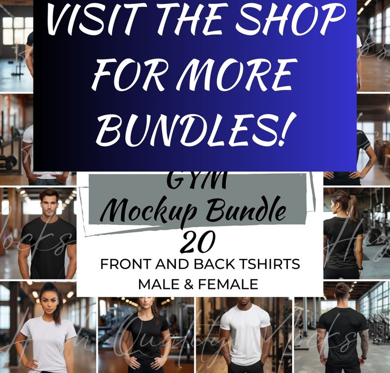 May include: A mockup bundle of 20 gym t-shirt designs. The image shows a variety of models wearing different t-shirts, both front and back views. The text on the image reads "GYM Mockup Bundle 20 FRONT AND BACK TSHIRTS MALE & FEMALE".