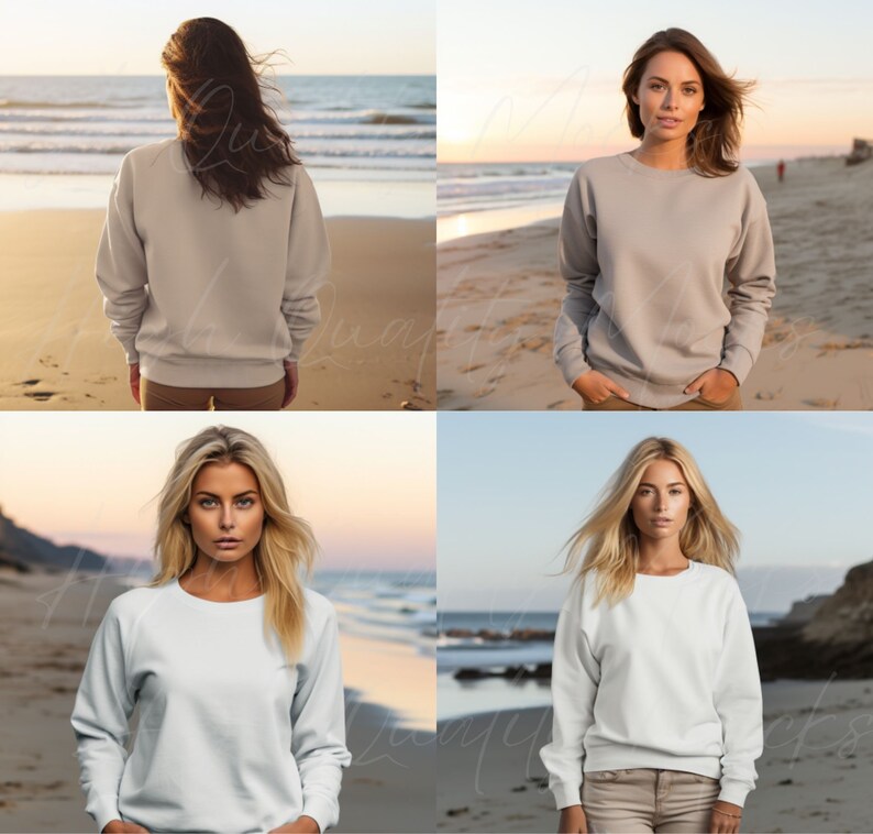 May include: Four women wearing different colored sweatshirts on a beach. The sweatshirts are all the same style, with a crew neck and long sleeves.