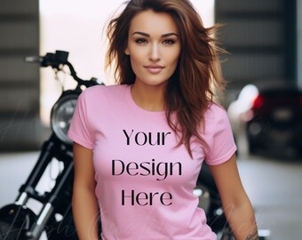 Bella Canvas 6004, Pink Bella Canvas, Biker Shirt Mockup, Biker Girl Mockup, Pink Tshirt Mockup, Light Pink Shirt Mockup, Edgy Mockup