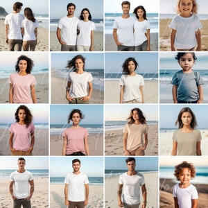 May include: A collage of images featuring people wearing various t-shirts in different colors and styles. The images are set against a beach background.