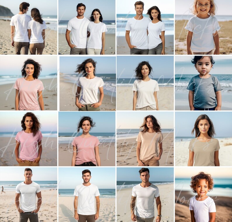 May include: A collage of images featuring people wearing various t-shirts in different colors and styles. The images are set against a beach background.