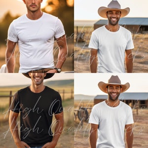 May include: Four images of a person wearing a white t-shirt and a brown cowboy hat. The person is standing in a field with a wooden fence and a building in the background. The t-shirt is a blank template for adding text or graphics.