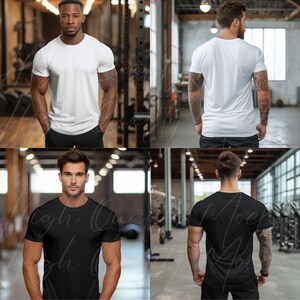 May include: Two men wearing black and white t-shirts in a gym setting. The men are standing with their arms at their sides and looking away from the camera.