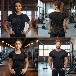 May include: Four people wearing black t-shirts in a gym setting. The t-shirts are blank and ready for customization.