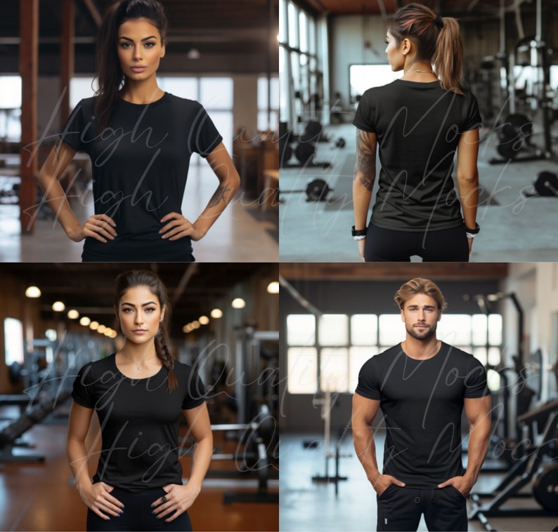 May include: Four people wearing black t-shirts in a gym setting. The t-shirts are blank and ready for customization.