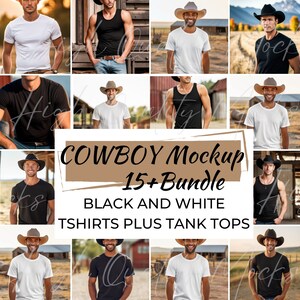 May include: A mockup bundle of 15+ black and white t-shirts and tank tops featuring a cowboy theme. The models are wearing the shirts and tank tops in a variety of poses and settings.