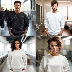 May include: Four people are wearing different colored sweatshirts. The sweatshirts are all long-sleeved and have a crew neck. The people are standing in different poses, with their hands in their pockets.