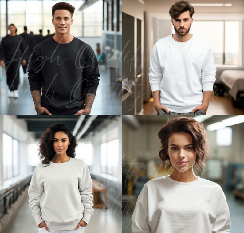 May include: Four people are wearing different colored sweatshirts. The sweatshirts are all long-sleeved and have a crew neck. The people are standing in different poses, with their hands in their pockets.